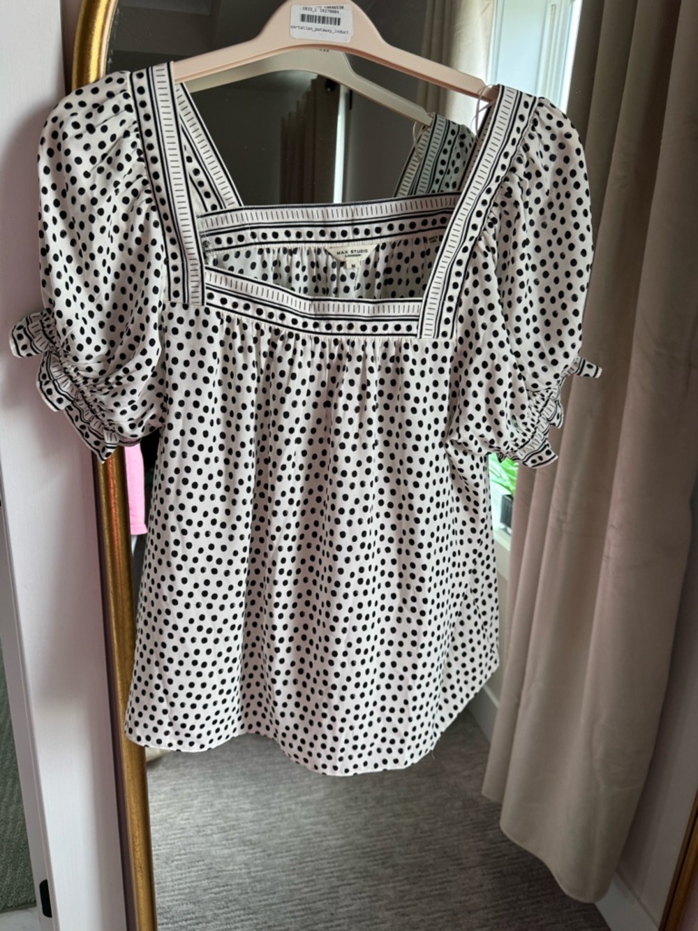 Max Studio White Polka Dot Square Neck Puff Sleeve Blouse